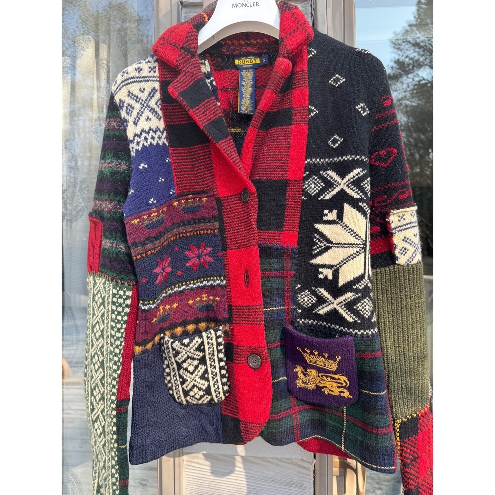 Ralph Lauren Rugby Women's Patchwork Cardigan Sweater Vintage S Crest HOLIDAY